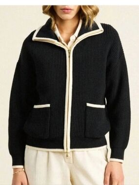 Black Ribbed Zip-Front Jacket with Cream Trim Sz L
